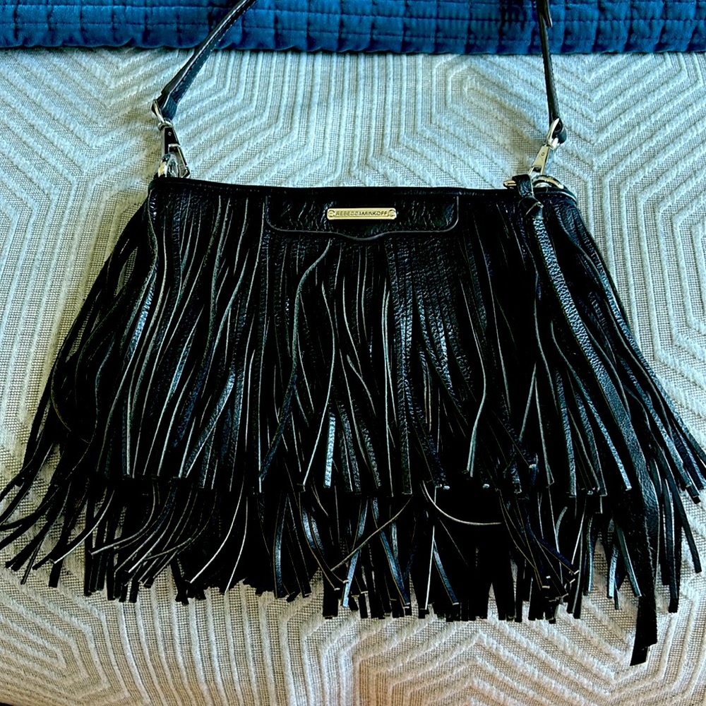 Rebecca Minkoff black leather fringe shoulder or crossbody bag